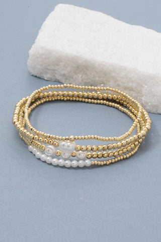Mixed Pearl & Metallic Elastic Bracelet Set