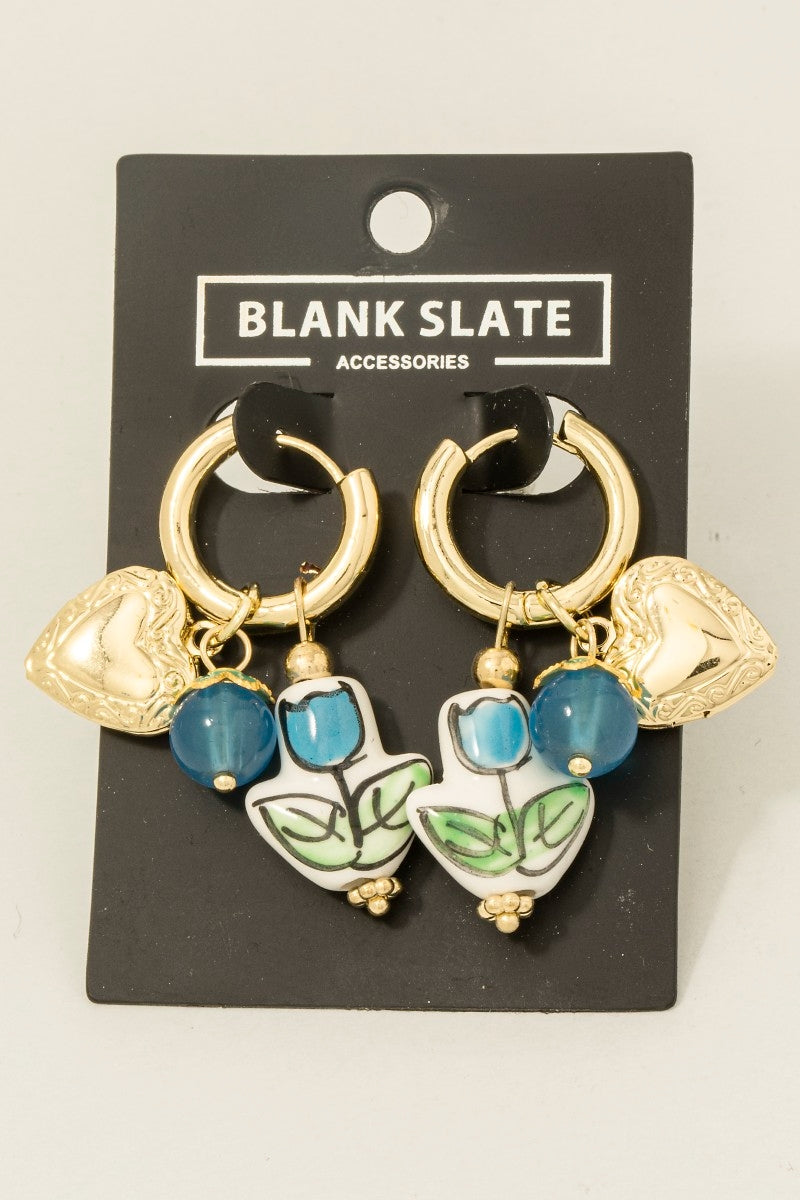 Heart Locket & Flower Charm Hoop Earring