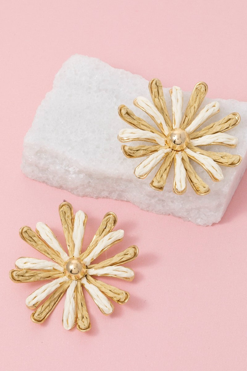 2 Toned Straw Weave Flower Stud Earrings