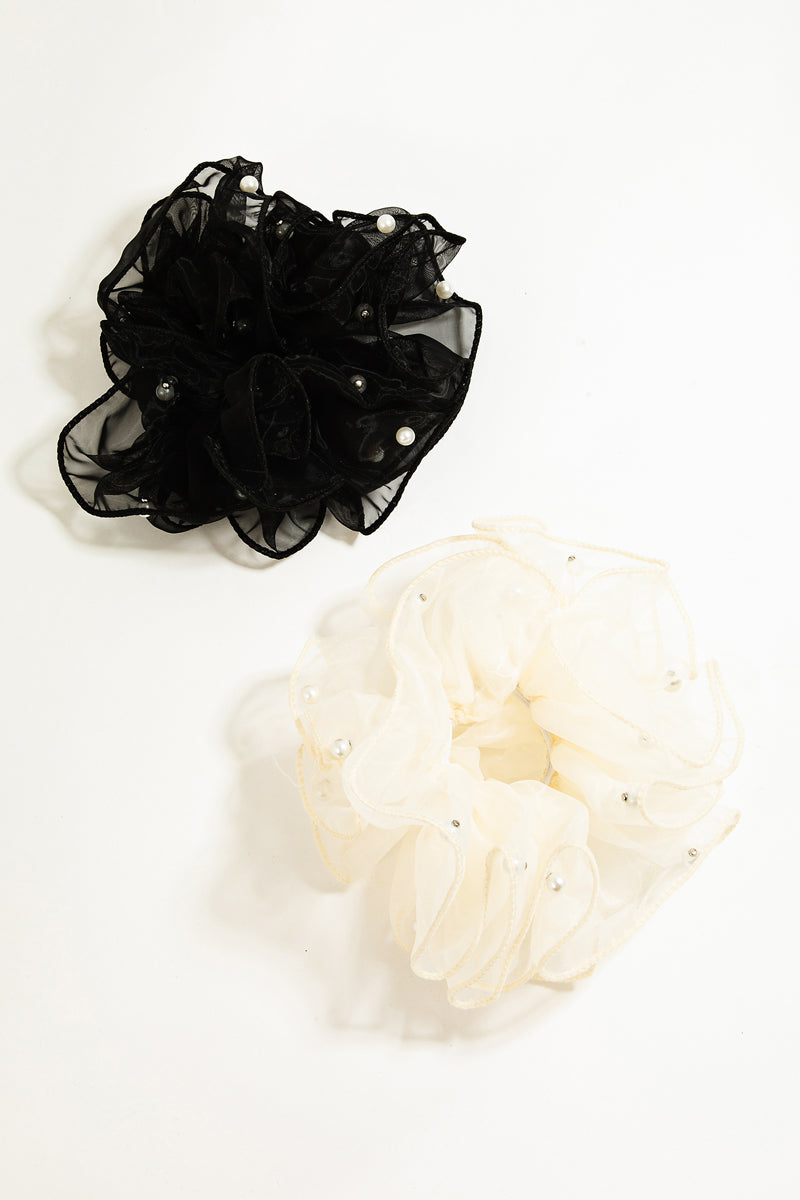 Sheer Pearl Studded Scrunchie Set