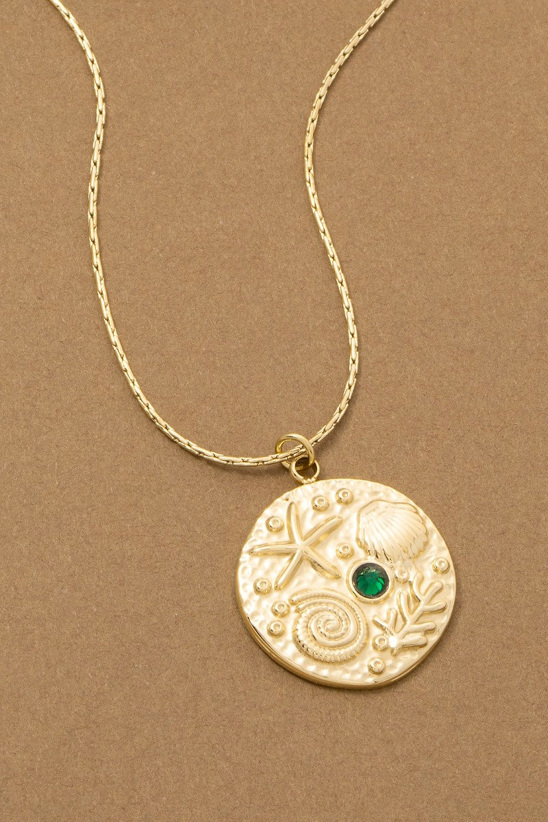 Ocean Motif Crystal Coin Pendant Necklace