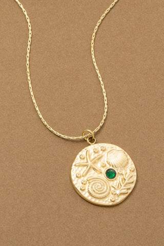 Ocean Motif Crystal Coin Pendant Necklace