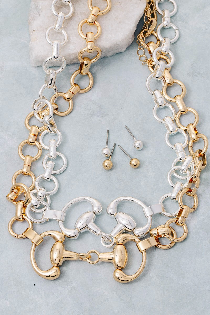 Horsebit Chain Link Statement Necklace (Gold)