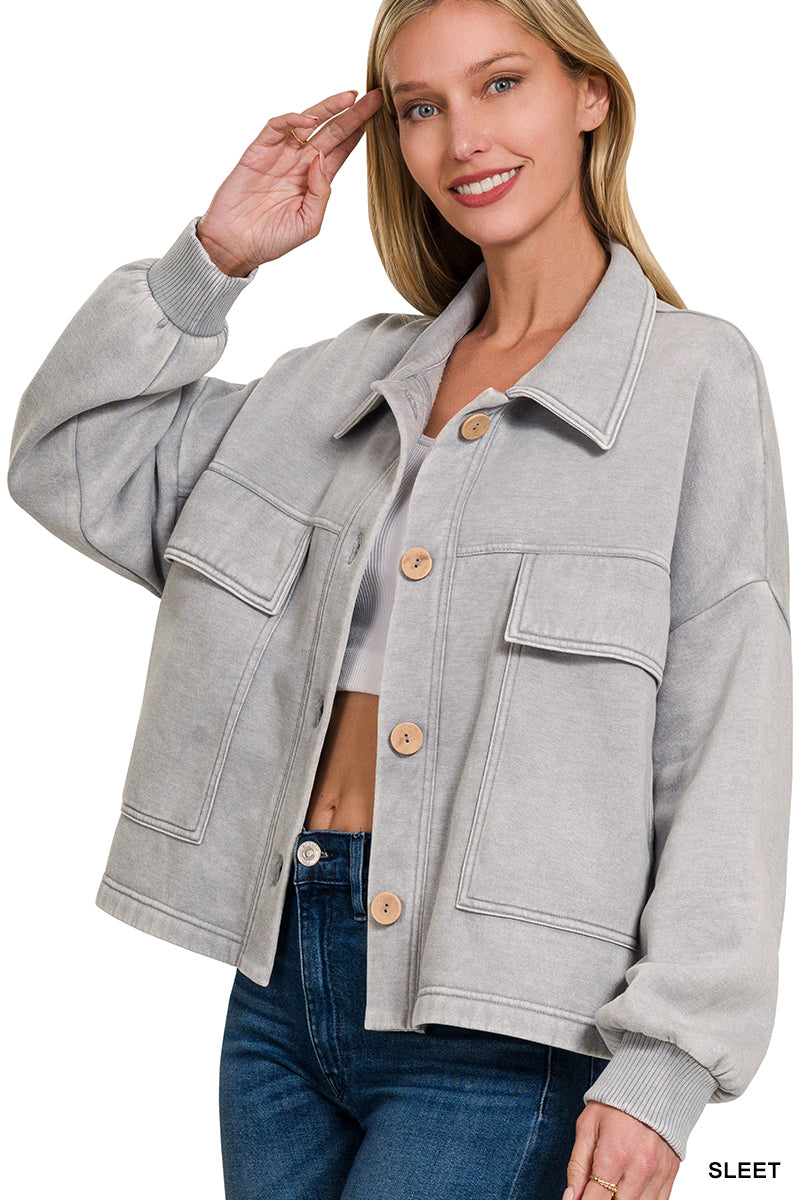 Acid Wash Fleece Front Pocket Cropped Shacket