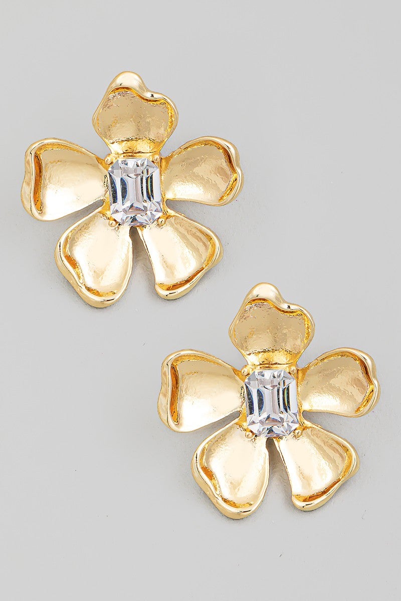 Gold Metallic Flower Stud Earrings