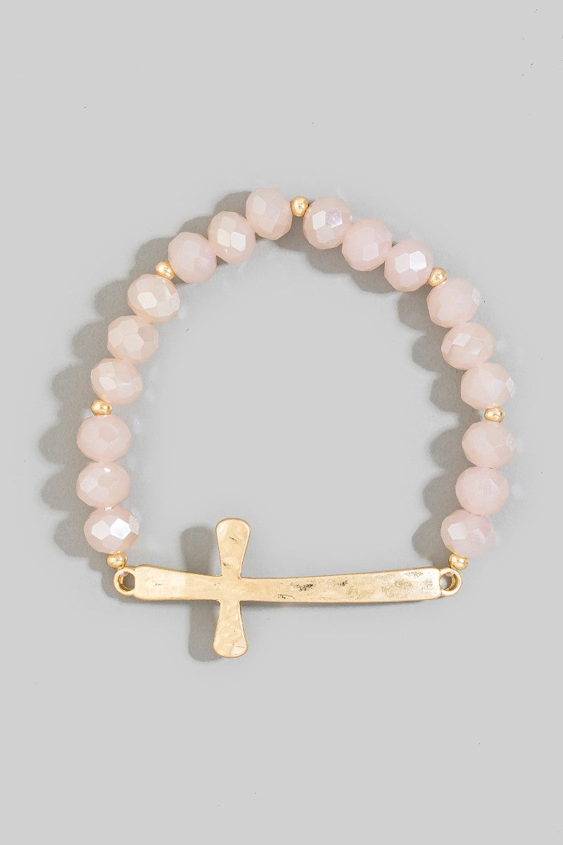 Crystal Bead Stretch Bracelet w/ Cross