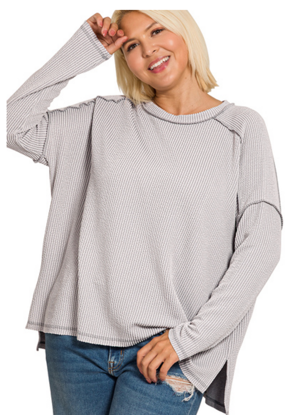 Raised Ribbed Boat Neck Long Sleeve Top