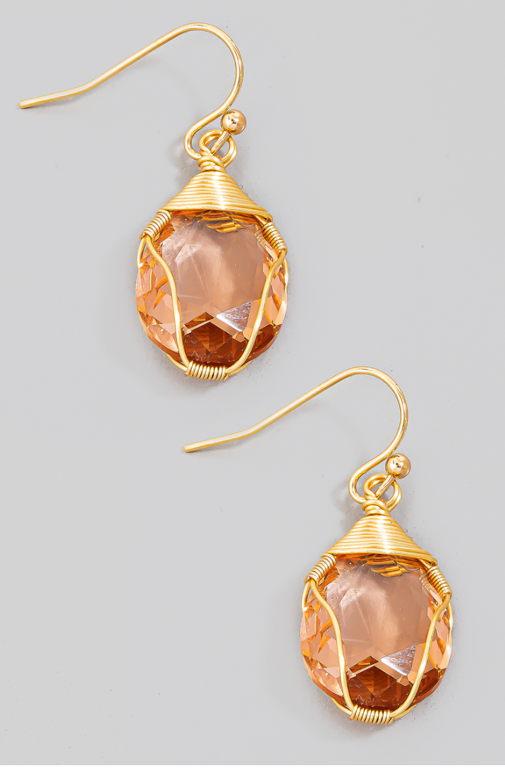 Wire Wrapped Glass Gem Dangle Earrings