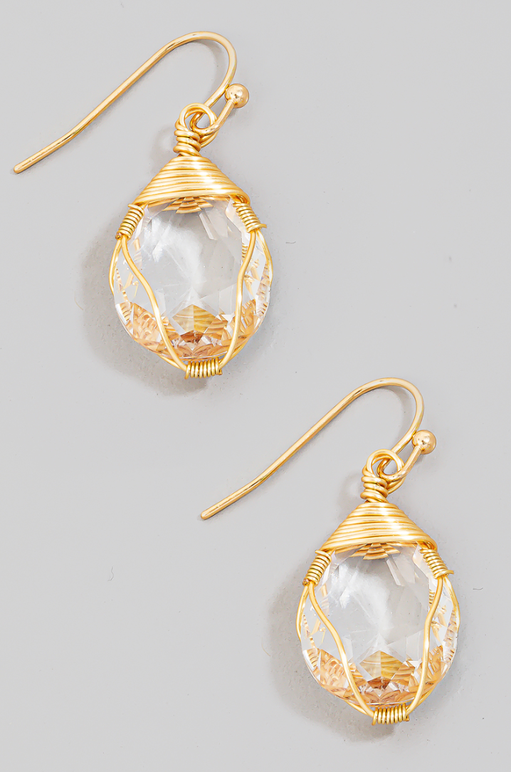 Wire Wrapped Glass Gem Dangle Earrings