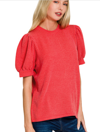 Raised Rib Puff Sleeve Top