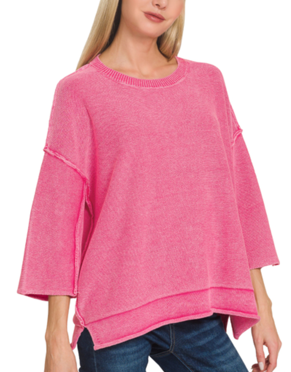 Washed 3/4 Sleeve Boxy Sweater