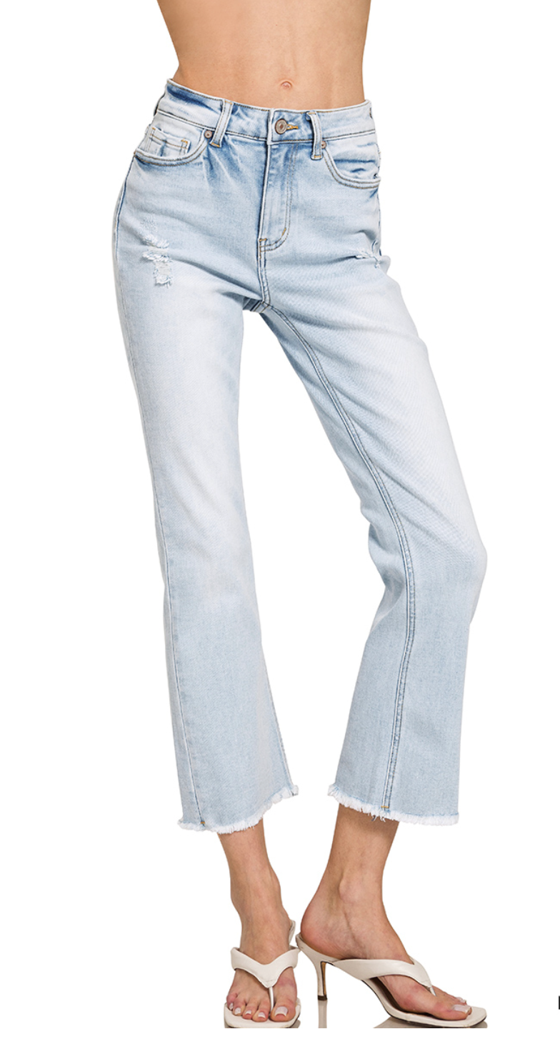 High Rise Straight Cropped Raw Hem Denim