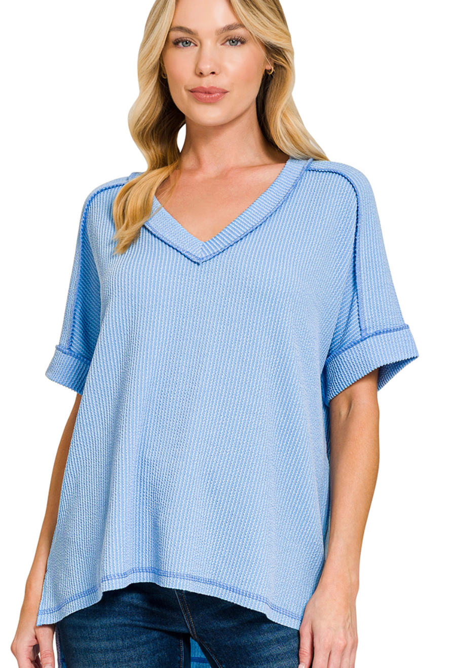 Ribbed Short Sleeve Hi-Low V-Neck Top