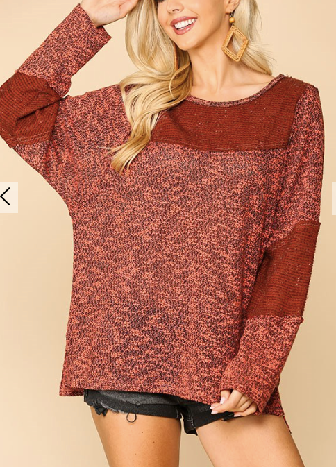 Multi Textured Dolman Sleeve Knit Top with Cut Edge Detail