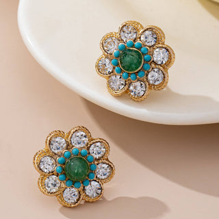 Turquoise & Crystal Flower Stud Earrings