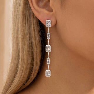 Long Emerald Cut Bezel Cz Station Drop Earrings