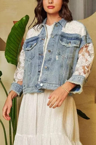 Denim Jacket with Lace Sleeves