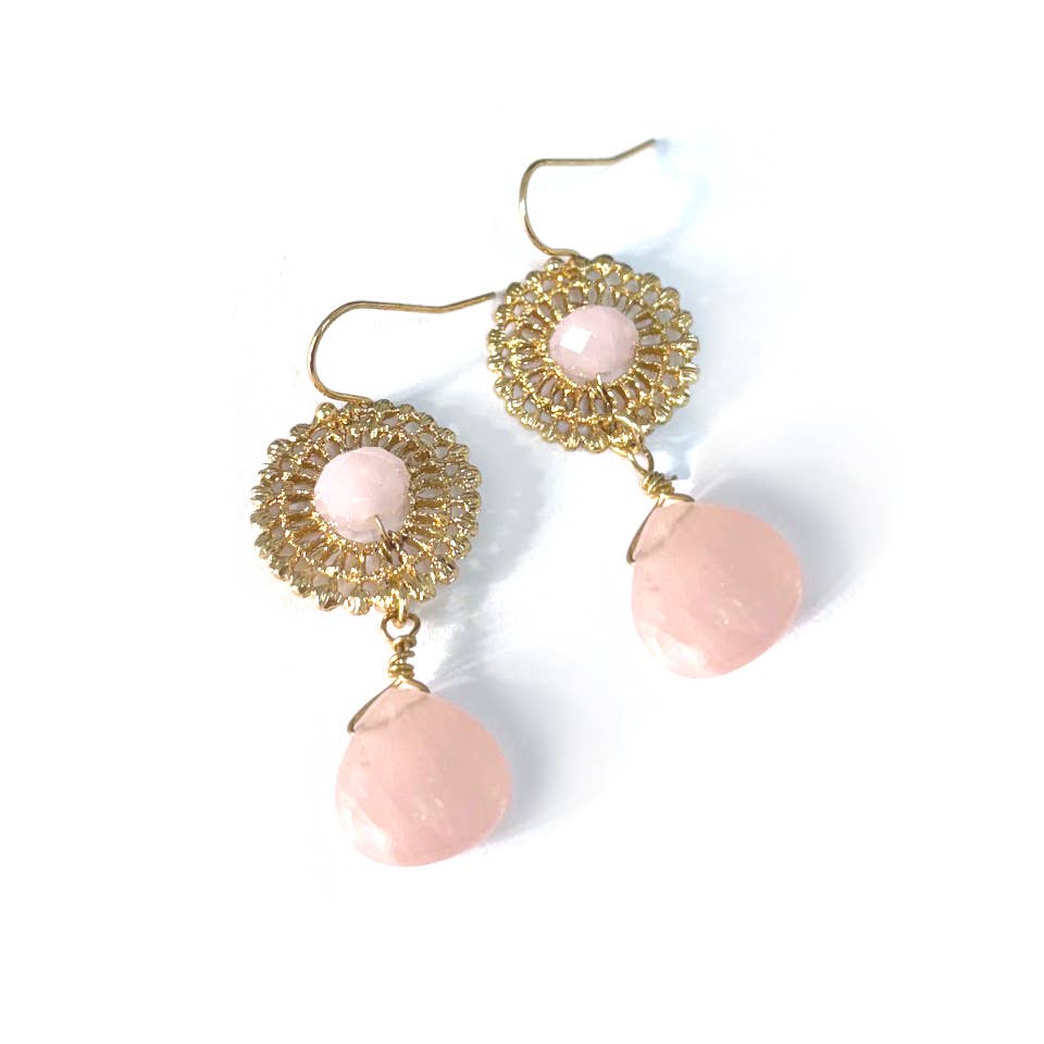 Gold Lace Casting w/ Rose Quartz Stone Drop Earrings