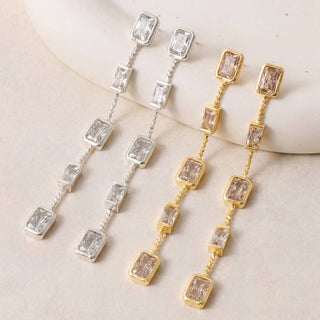 Long Emerald Cut Bezel Cz Station Drop Earrings