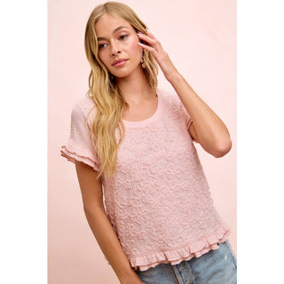 Textured Flower Ruffled Sleeve Top