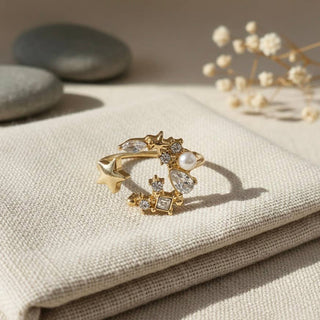 Crescent Moon & Star Adjustable Ring