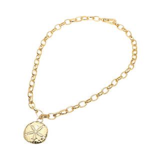 Hammered Metal Sand Dollar Pendant Chunky Chain Necklace