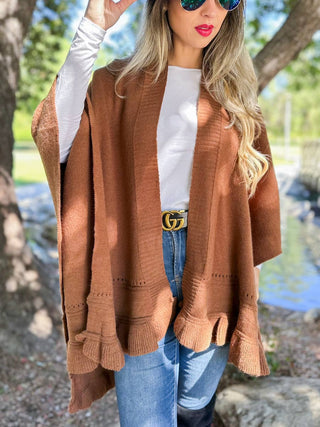 Brown Ruffled Knit Cape Ruana Shawl