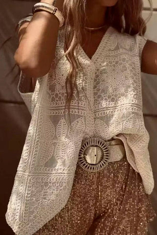 Sleeveless V-Neck Buttoned Crochet Tank