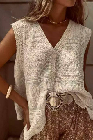 Sleeveless V-Neck Buttoned Crochet Tank
