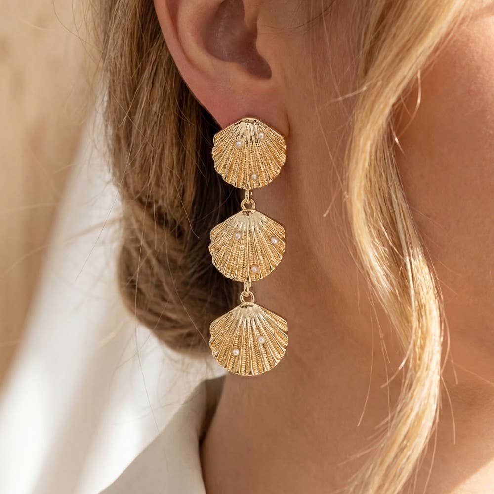 Triple Sea Shell Linked Dangle Earrings