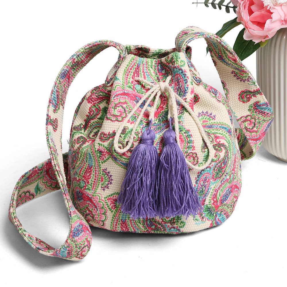 Boho Paisley Tassel Crossbody Bucket Bag
