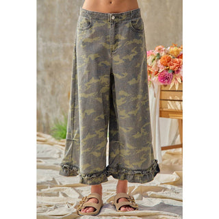 Camouflage Denim Ruffle Hem Pant
