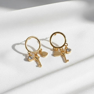 Hoop Heart Stone Key Earrings