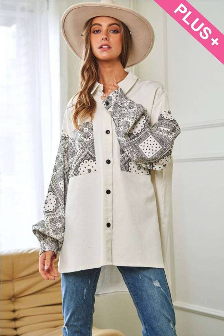 Mock Neck Pattern Printed Button Down