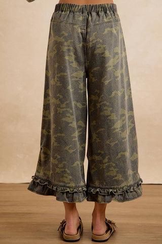 Camouflage Denim Ruffle Hem Pant