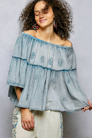 Off Shoulder Bell Sleeves Floral Embroidery Top