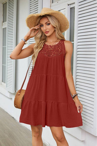 Halter Neck Lace Trim Tiered Dress