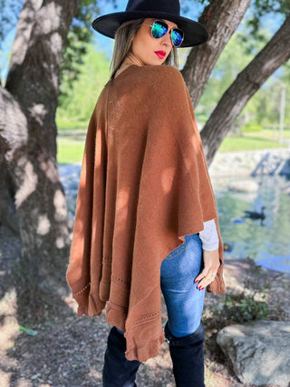 Brown Ruffled Knit Cape Ruana Shawl