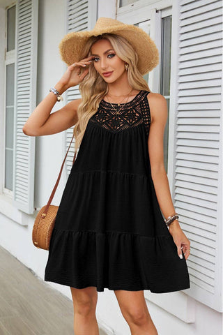 Halter Neck Lace Trim Tiered Dress