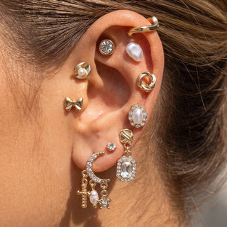 Pearl Bow And Moon Stud Earring Set