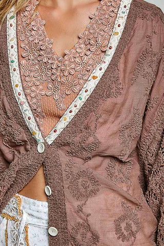 Floral Embroidered Contrast Chenille Crochet Cardigan Top