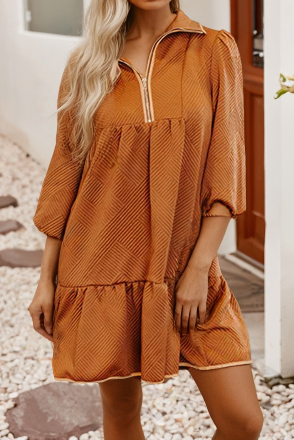 Quarter Zip Collar Bracelet Sleeve Textured Mini Dress