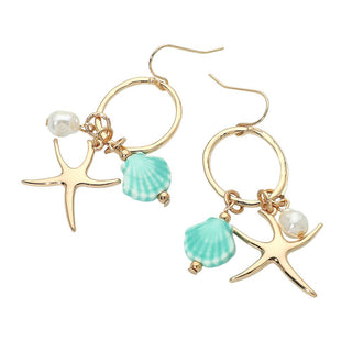 Metal Starfish Ceramic Shell Pearl Charm Drop Earrings
