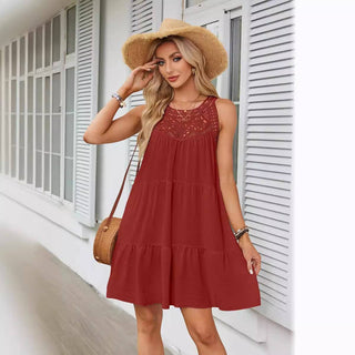 Halter Neck Lace Trim Tiered Dress