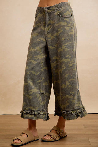 Camouflage Denim Ruffle Hem Pant