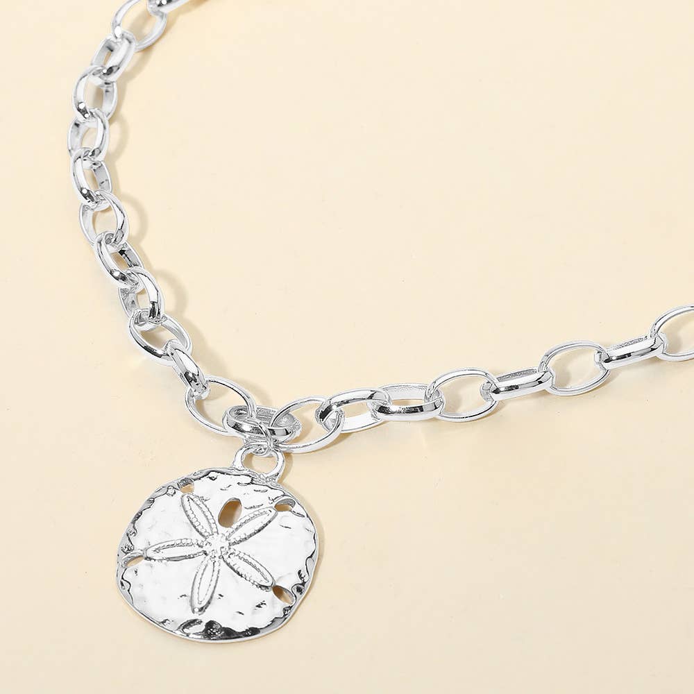 Hammered Metal Sand Dollar Pendant Chunky Chain Necklace