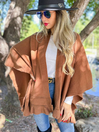 Brown Ruffled Knit Cape Ruana Shawl