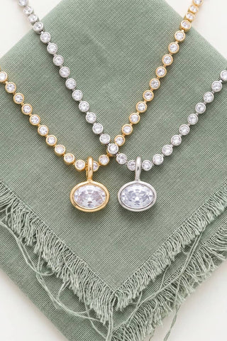 Bezel Cz Tennis Chain Oval Pendant Necklace