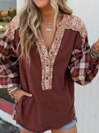 Mixed Print Bishop Sleeve Patchwork Top