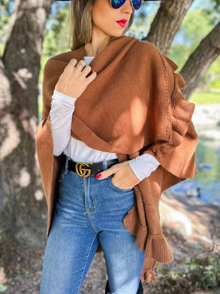 Brown Ruffled Knit Cape Ruana Shawl